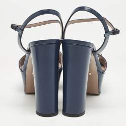 Gucci Blue Patent Leather Claudie Horsebit Platform Ankle Strap Sandals Size 39