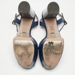 Gucci Blue Patent Leather Claudie Horsebit Platform Ankle Strap Sandals Size 39
