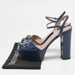 Gucci Blue Patent Leather Claudie Horsebit Platform Ankle Strap Sandals Size 39