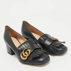 Gucci Black Leather GG Marmont Fringe Block Heel Pumps Size 35