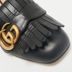Gucci Black Leather GG Marmont Fringe Block Heel Pumps Size 35
