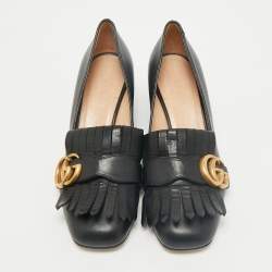 Gucci Black Leather GG Marmont Fringe Block Heel Pumps Size 35