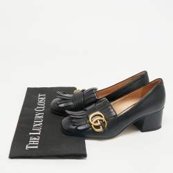 Gucci Black Leather GG Marmont Fringe Block Heel Pumps Size 35