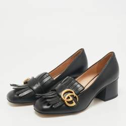 Gucci Black Leather GG Marmont Fringe Block Heel Pumps Size 35