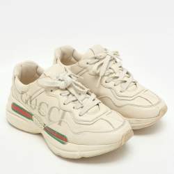 Gucci Off White Leather Rhyton Logo Print Low Top Sneakers Size 36