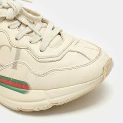 Gucci Off White Leather Rhyton Logo Print Low Top Sneakers Size 36
