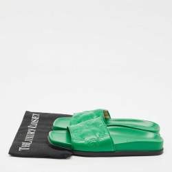 Gucci Green Leather GG Matelassè Embroidered Flat Slide Sandals Size 38