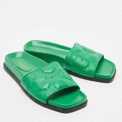 Gucci Green Leather GG Matelassè Embroidered Flat Slide Sandals Size 38