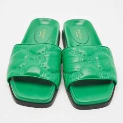 Gucci Green Leather GG Matelassè Embroidered Flat Slide Sandals Size 38