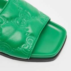 Gucci Green Leather GG Matelassè Embroidered Flat Slide Sandals Size 38
