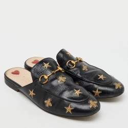 Gucci Black Leather Star Bee Embroidered Princetown Horsebit Flat Mules Size 39