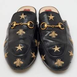 Gucci Black Leather Star Bee Embroidered Princetown Horsebit Flat Mules Size 39