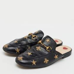 Gucci Black Leather Star Bee Embroidered Princetown Horsebit Flat Mules Size 39