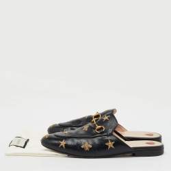Gucci Black Leather Star Bee Embroidered Princetown Horsebit Flat Mules Size 39
