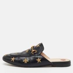 Gucci Black Leather Star Bee Embroidered Princetown Horsebit Flat Mules Size 39