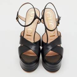 Gucci Black Leather GG Angel Platform Ankle Strap Sandals Size 39.5