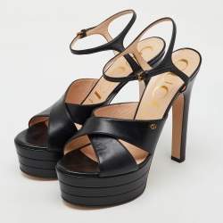 Gucci Black Leather GG Angel Platform Ankle Strap Sandals Size 39.5