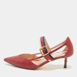 Gucci Red Leather Sylvie Web Strap Bamboo Heel Unia Pumps Size 38