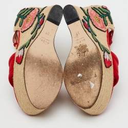 Gucci Red Suede Floral Embroidered Espadrille Platform Wedge Ankle Strap Sandals Size 37