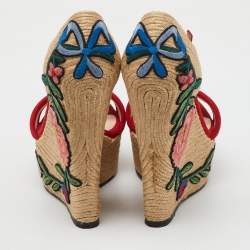 Gucci Red Suede Floral Embroidered Espadrille Platform Wedge Ankle Strap Sandals Size 37