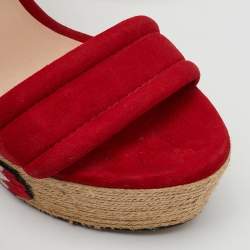 Gucci Red Suede Floral Embroidered Espadrille Platform Wedge Ankle Strap Sandals Size 37