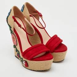 Gucci Red Suede Floral Embroidered Espadrille Platform Wedge Ankle Strap Sandals Size 37