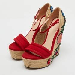Gucci Red Suede Floral Embroidered Espadrille Platform Wedge Ankle Strap Sandals Size 37