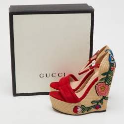 Gucci Red Suede Floral Embroidered Espadrille Platform Wedge Ankle Strap Sandals Size 37
