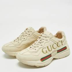 Gucci Cream Leather Rhyton Gucci Logo Low Top Sneakers Size 35