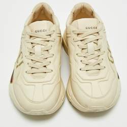 Gucci Cream Leather Rhyton Gucci Logo Low Top Sneakers Size 35