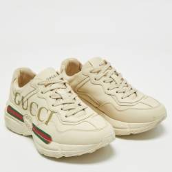 Gucci Cream Leather Rhyton Gucci Logo Low Top Sneakers Size 35