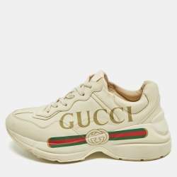 Gucci Cream Leather Rhyton Gucci Logo Low Top Sneakers Size 35
