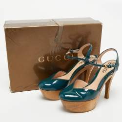 Gucci Teal Green Patent Leather Platform Ankle Strap Sandals Size 35