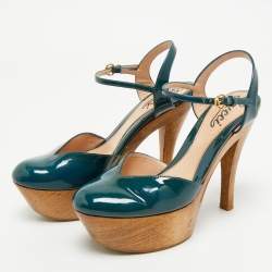 Gucci Teal Green Patent Leather Platform Ankle Strap Sandals Size 35