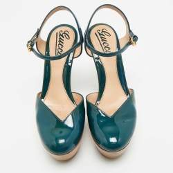 Gucci Teal Green Patent Leather Platform Ankle Strap Sandals Size 35