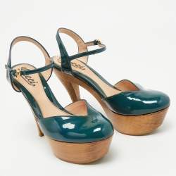 Gucci Teal Green Patent Leather Platform Ankle Strap Sandals Size 35