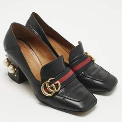 Gucci Black Leather and Canvas Web Loafer Pumps Size 37