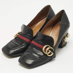 Gucci Black Leather and Canvas Web Loafer Pumps Size 37