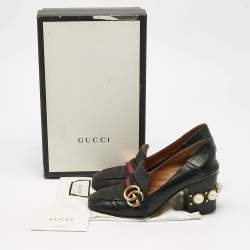 Gucci Black Leather and Canvas Web Loafer Pumps Size 37