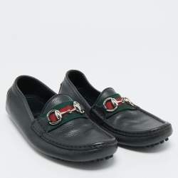 Pre Owned Gucci Black Leather Horsebit Web Loafers Size 35