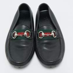Pre Owned Gucci Black Leather Horsebit Web Loafers Size 35