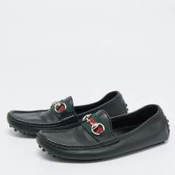 Pre Owned Gucci Black Leather Horsebit Web Loafers Size 35
