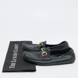 Pre Owned Gucci Black Leather Horsebit Web Loafers Size 35
