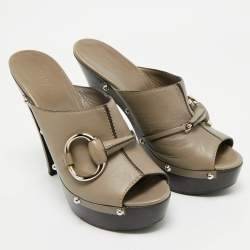Gucci Grey Leather Icon Bit Platform Clogs Size 40.5