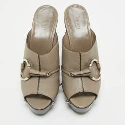 Gucci Grey Leather Icon Bit Platform Clogs Size 40.5