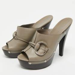 Gucci Grey Leather Icon Bit Platform Clogs Size 40.5