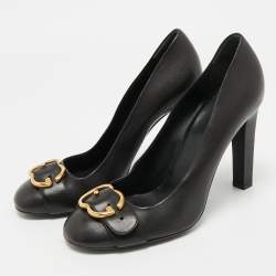 Pre Owned Gucci Black Leather Buckle Round Toe Pumps Size 40