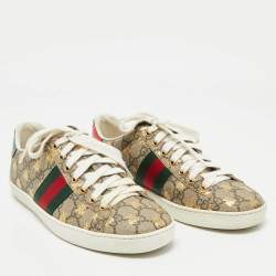 Gucci Brown Canvas And Embossed Python Leather Ace Web Sneakers Size 38
