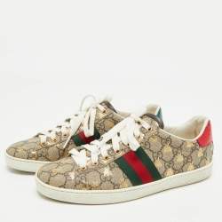 Gucci Brown Canvas And Embossed Python Leather Ace Web Sneakers Size 38