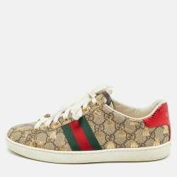 Gucci Brown Canvas And Embossed Python Leather Ace Web Sneakers Size 38